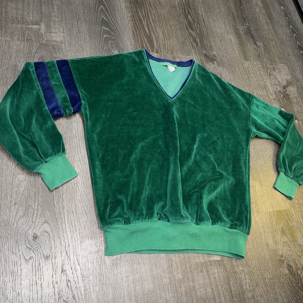 70s VTG Velour V Neck Striped Shirt Long Sleeve USA Sweater Men's XS-S Velvet